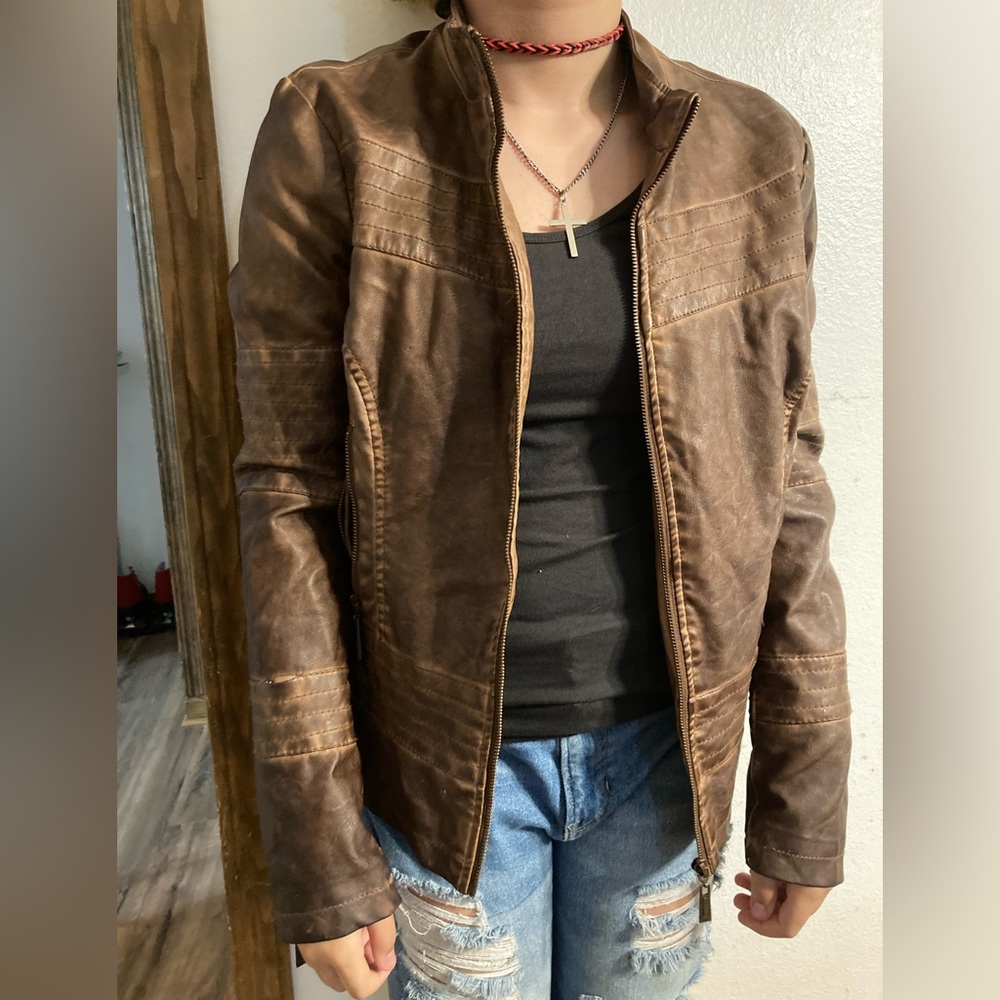Brown faux leather moto jacket with front zipper pockets. Size XL.